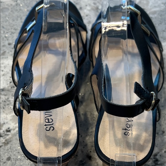 NWOB Stevies Black and Gold Wedge Sandals - Picture 6 of 9